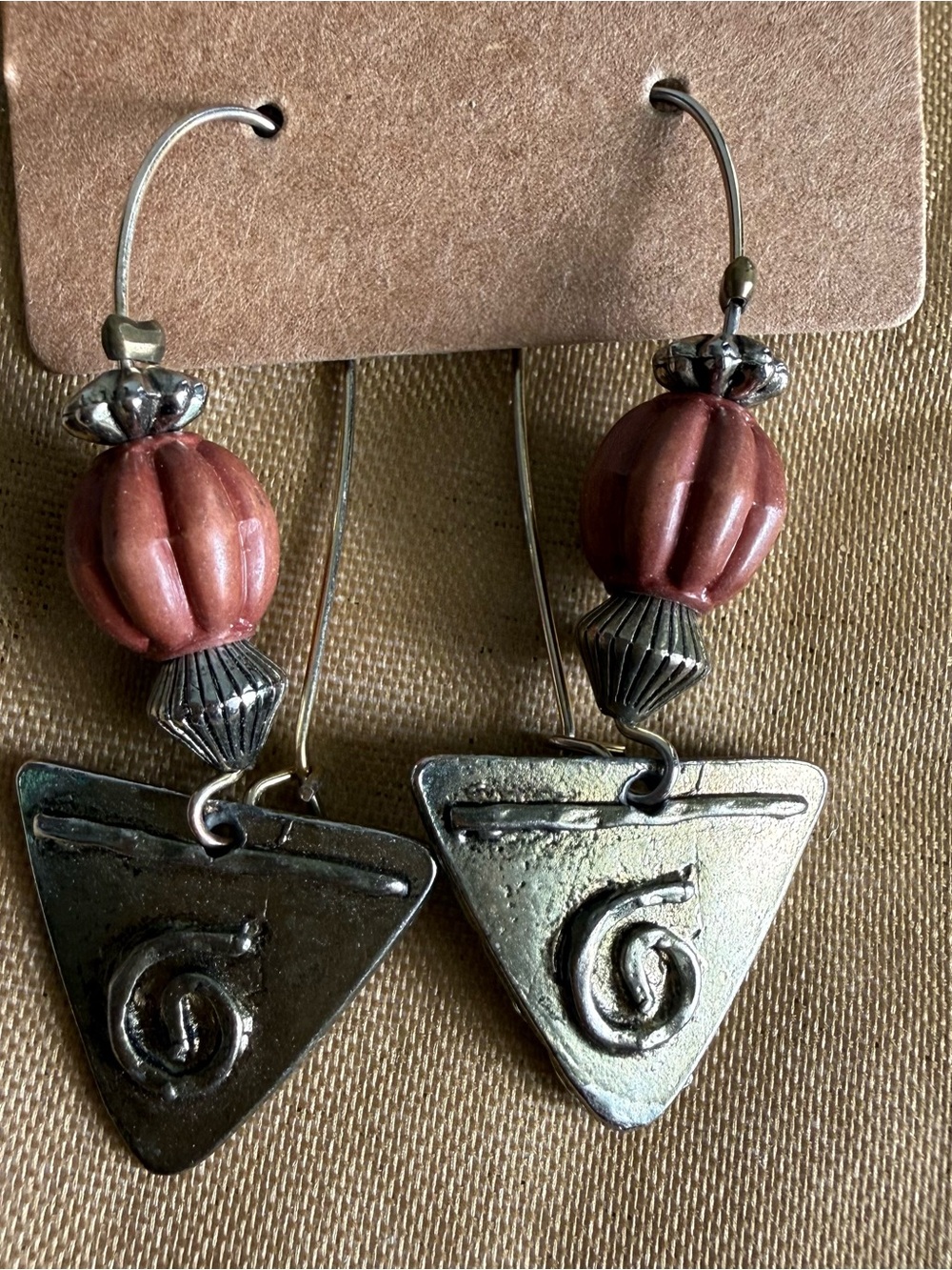 Rustic Coral-Bead and Silver-Tone Triangle Drop Earrings